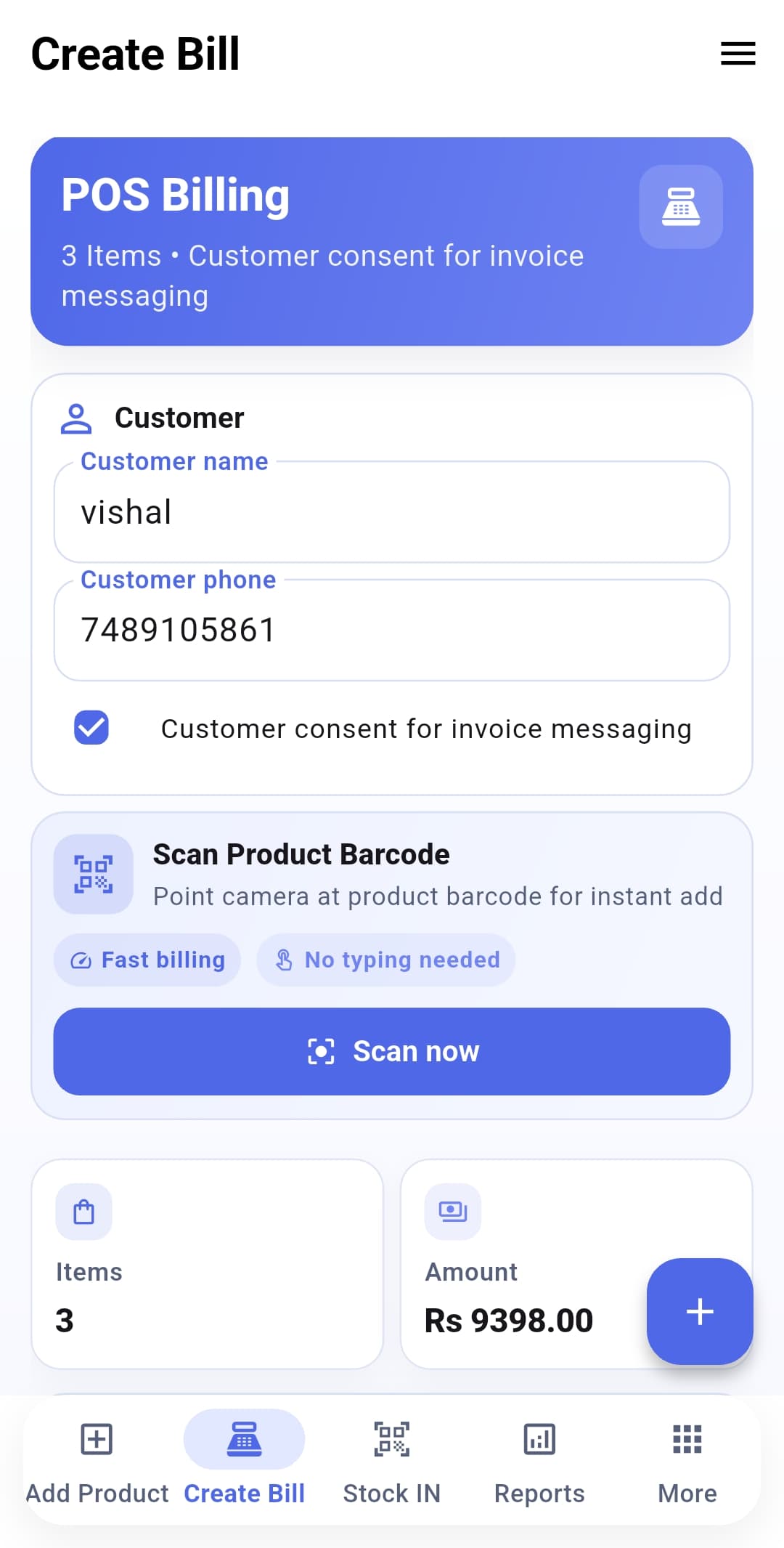 Create Bill screen in Inventobill app