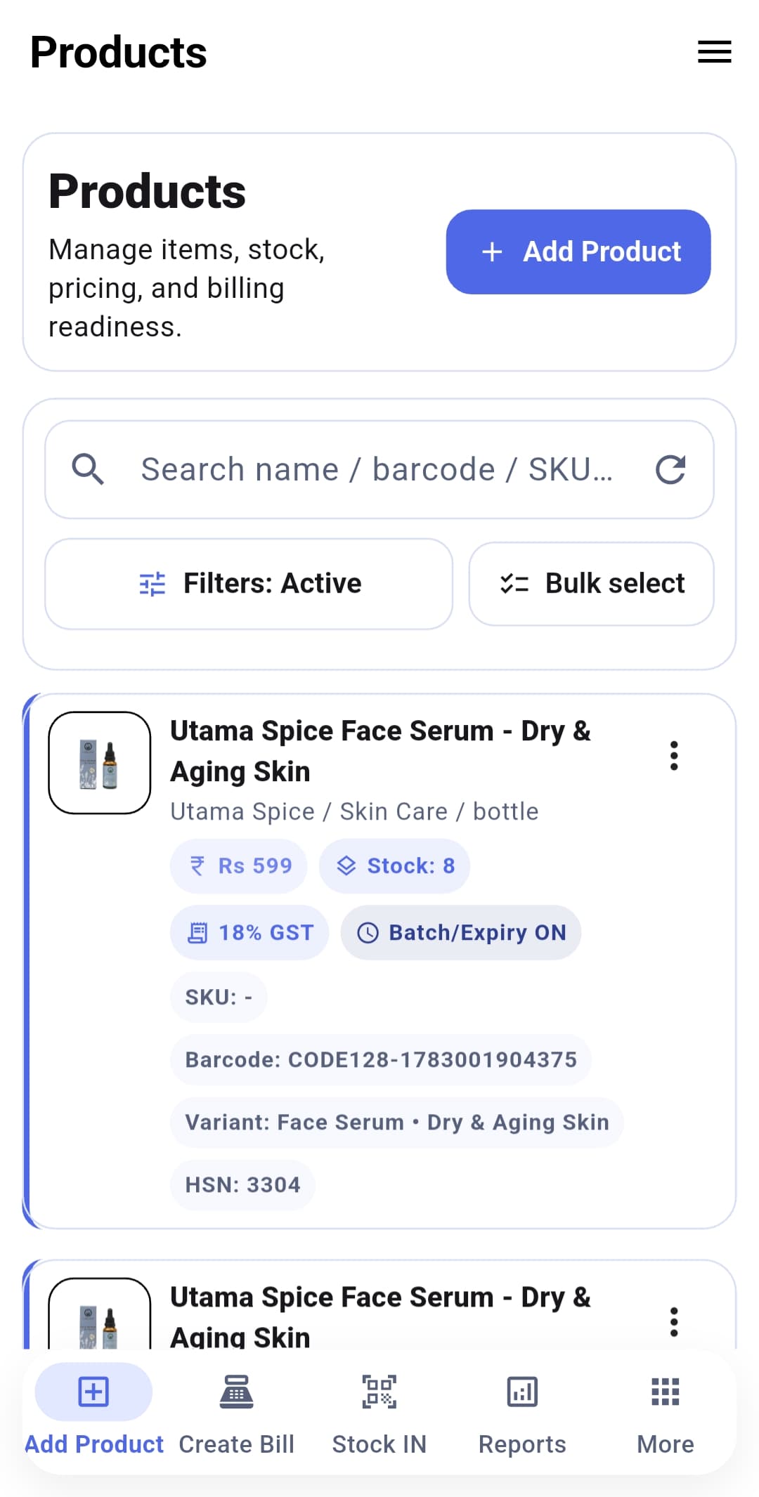 Products screen in Inventobill app